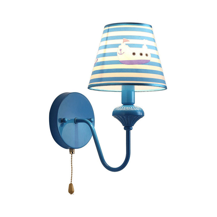 Skørter | Nautical Blue Wall Lamp Stripe Shade 1 Light Metal Wall Lamp with Cartoon Ship for Entrance
