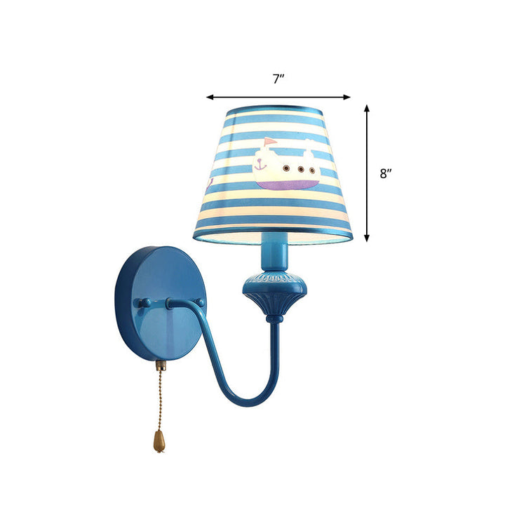 Skørter | Nautical Blue Wall Lamp Stripe Shade 1 Light Metal Wall Lamp with Cartoon Ship for Entrance