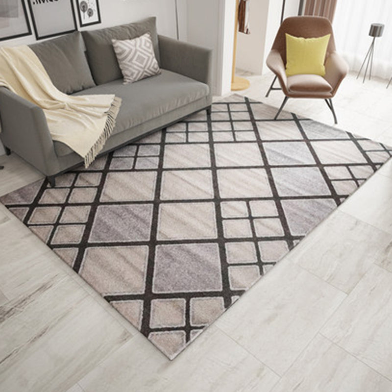 Lisslune | Ivory Bedroom Rug New Geometric Checkered Stripe Pattern Rug Polyester Washable Rug