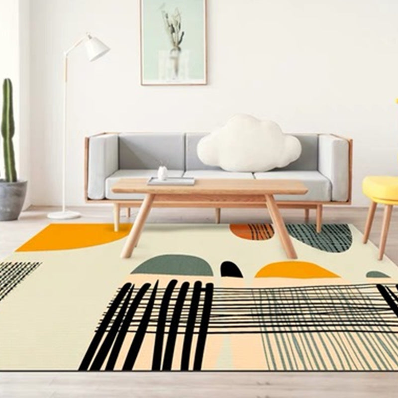Lisslune | Ivory Bedroom Rug New Color Block Striped Pattern Rug Polyester Washable Area Rug