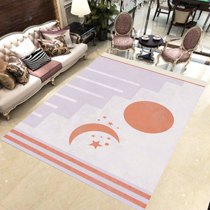 Lisslune | Modern Novelty Rug in Orange and Ivory Moon Sun Stripes Print Rug Polyester Washable Rug for Bedroom