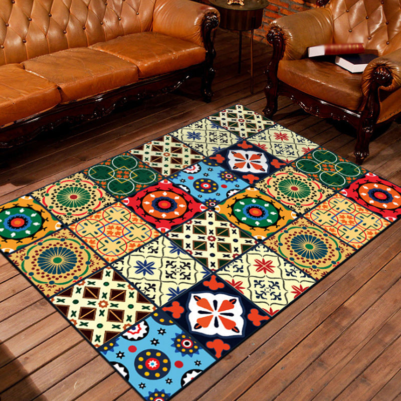Lisslune | Moroccan square flower pattern rug colorful polyester rug non-slip backing rug for living room