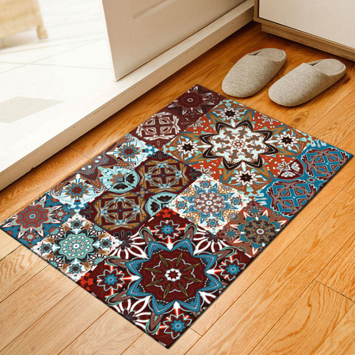 Lisslune | Brown Bedroom Carpet Moroccan Flower Square Printed Carpet Polyester Non-slip Back Carpet