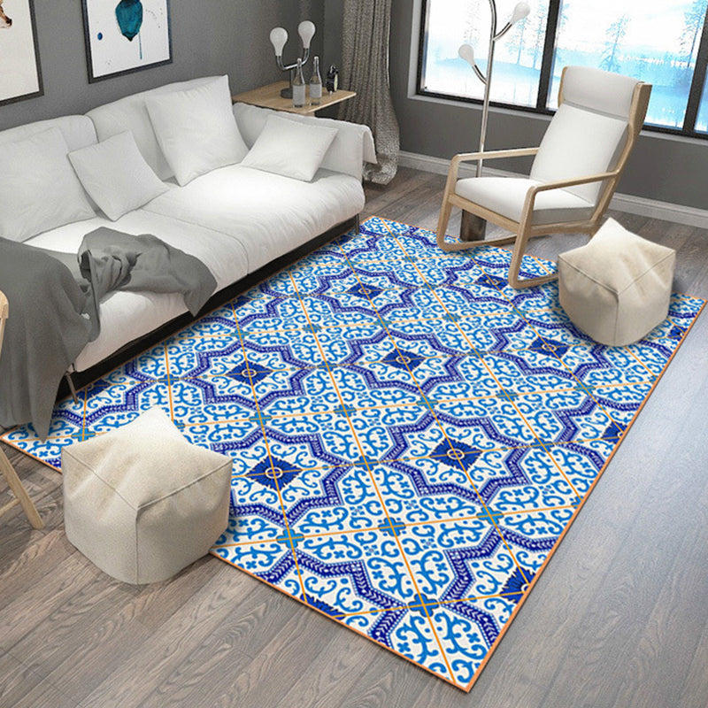 Lisslune | Blue Bedroom Rug Moroccan Flower Polygon Pattern Rug Polyester Machine Washable Rug