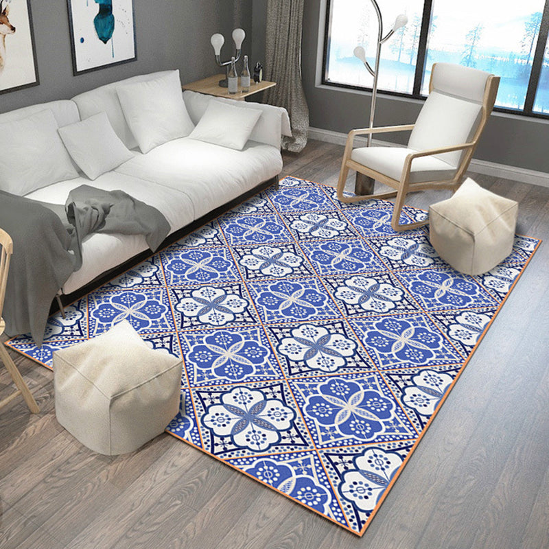 Lisslune | Moroccan Flower Square Print Carpet in Blue and White Polyester Rug Machine Washable Area Rug for Living Room