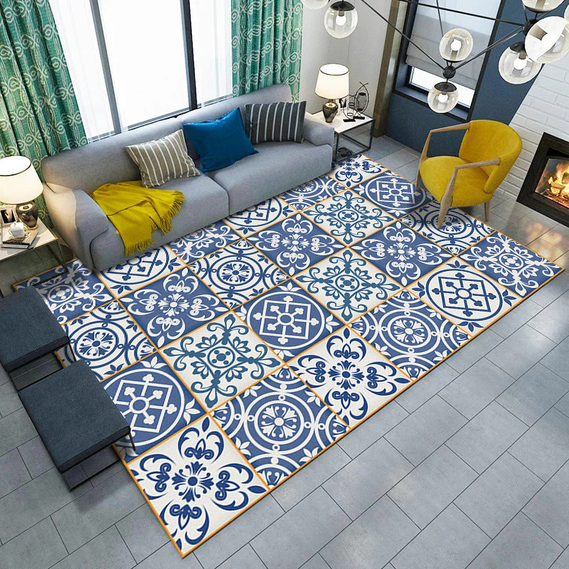 Lisslune | Blue and white bedroom rug Moroccan flower circle square pattern rug polyester machine washable rug