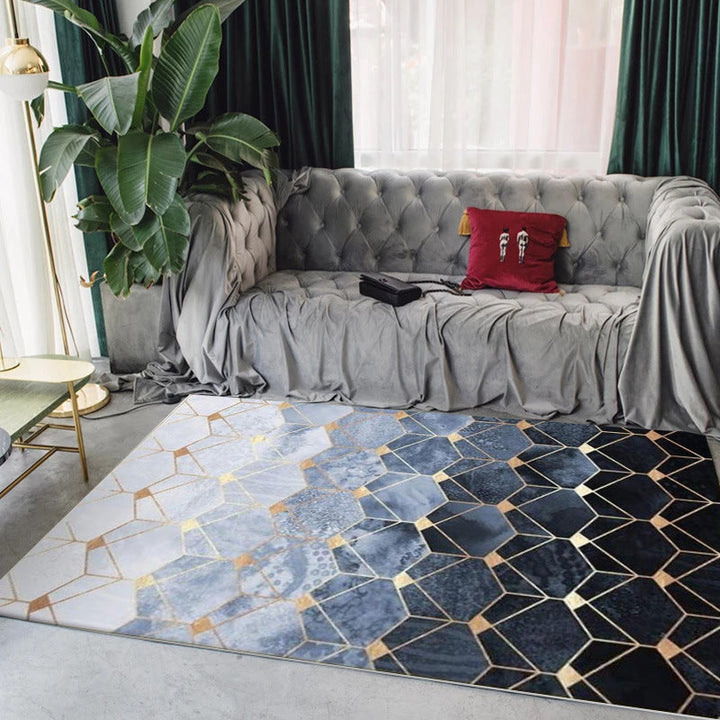 Lisslune | Blue Bedroom Carpet Modern Geometric Hexagonal Pattern Rug Polyester Machine Washable Rug