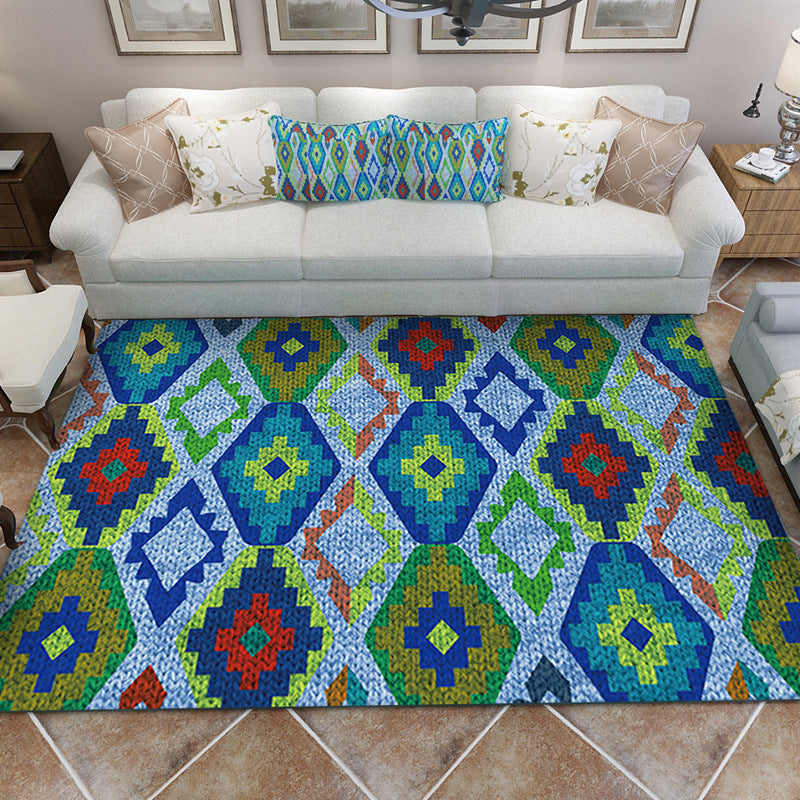 Lisslune | Blue Bedroom Rug Southwestern Diamond Pattern Area Rug Polyester Pet-Friendly Non-Slip Rug