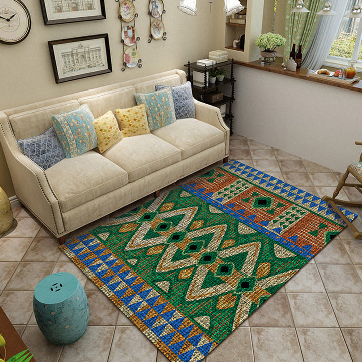 Lisslune | Southwest living room carpet in green triangle diamond pattern carpet polyester stain-resistant area carpet
