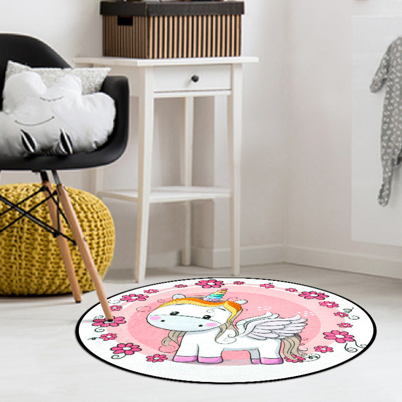 Lisslune | Pink Children's Room Carpet Children's Animal Unicorn Swan Flower Heart Pattern Carpet Polyester Pet-Friendly Carpet