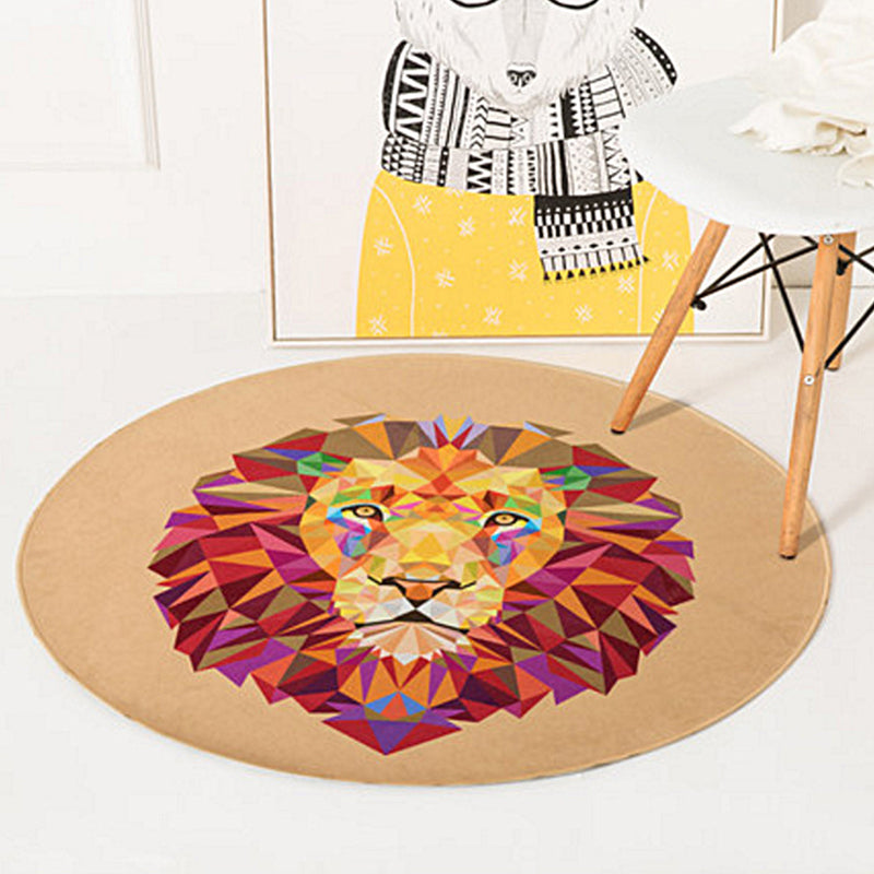 Lisslune | Children's Room Rug in Orange and Ivory Animal Rabbit Lion Fox Print Rug Polyester Non-Slip Area Rug