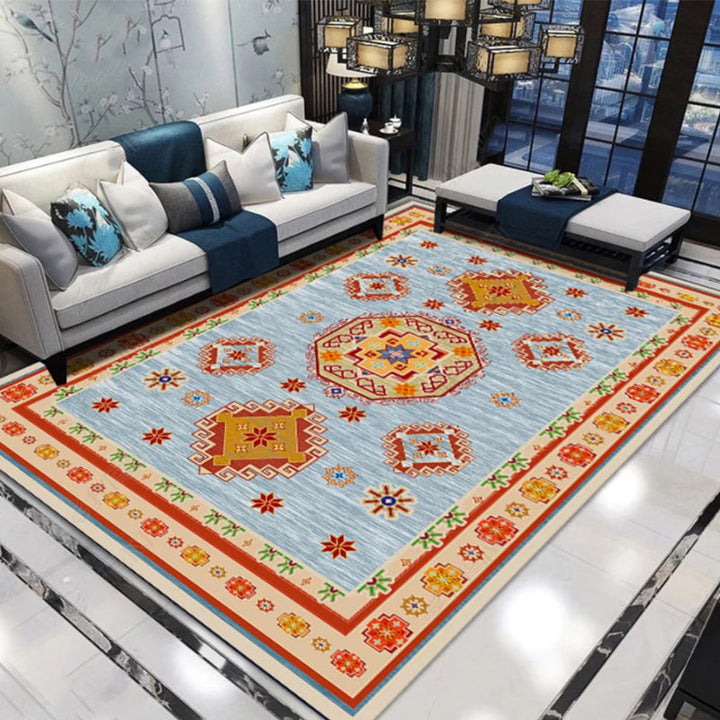 Lisslune | Moroccan Living Room Carpet in Blue and Red Medallion Flower Pattern Carpet Polyester Machine Washable Carpet