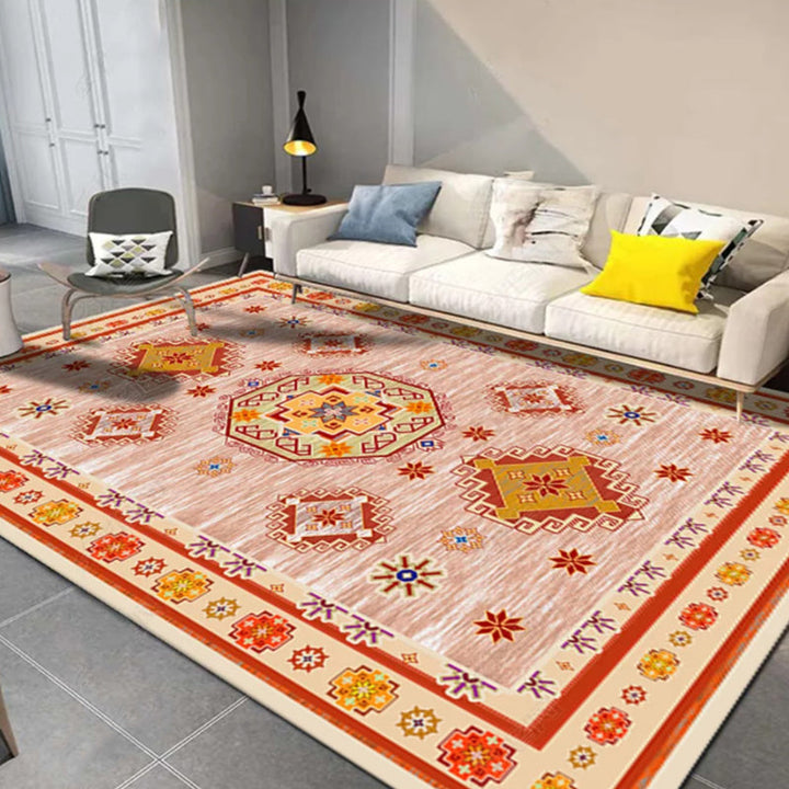 Lisslune | Moroccan Living Room Carpet in Blue and Red Medallion Flower Pattern Carpet Polyester Machine Washable Carpet