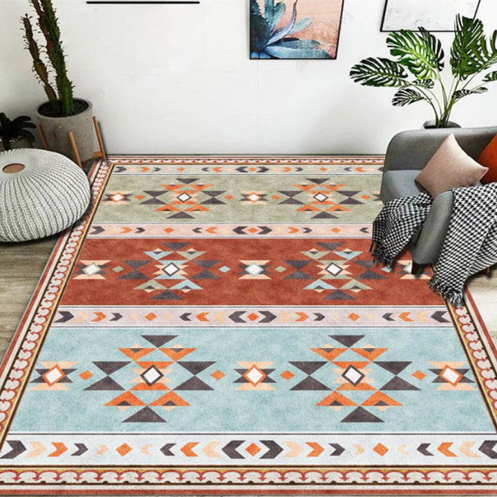 Lisslune | Blue and Red Bedroom Carpet Moroccan Medallion Triangle Stripes Pattern Area Rug Polyester Non-Slip Rug