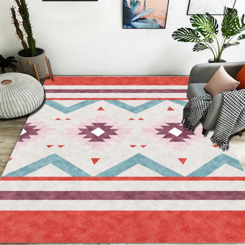 Lisslune | Blue and Red Bedroom Carpet Moroccan Medallion Triangle Stripes Pattern Area Rug Polyester Non-Slip Rug