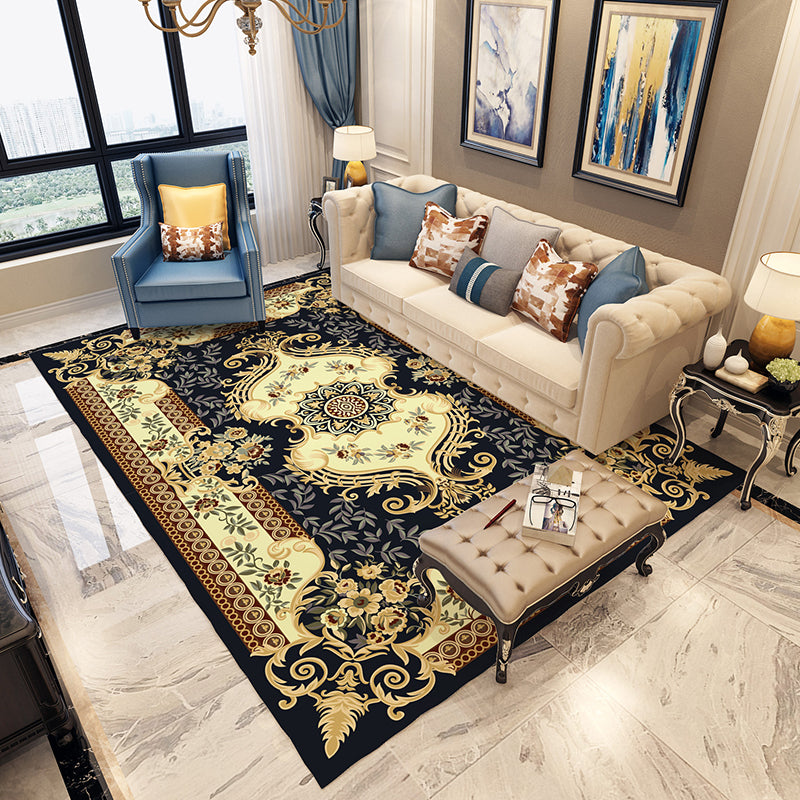 Lisslune | Moroccan Living Room Carpet in Blue and Red Medallion Flower Pattern Carpet Polyester Machine Washable Carpet