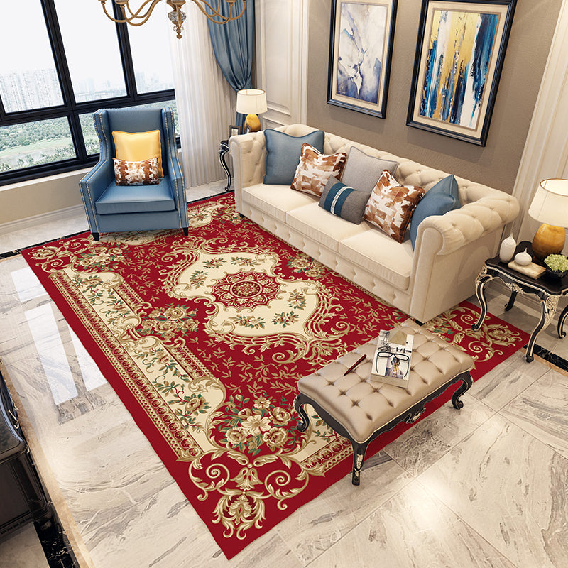 Lisslune | Moroccan Living Room Carpet in Blue and Red Medallion Flower Pattern Carpet Polyester Machine Washable Carpet