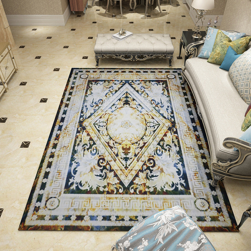 Lisslune | Mediterranean Moroccan Rug in Black and White Medallion Floral Pattern Rug Polyester Washable Rug for Home Decor