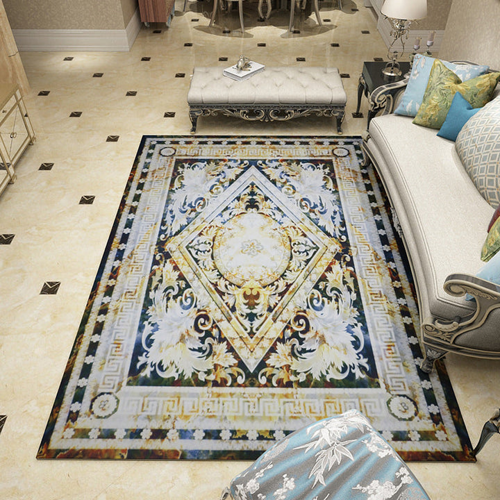 Lisslune | Mediterranean Moroccan Rug in Black and White Medallion Floral Pattern Rug Polyester Washable Rug for Home Decor