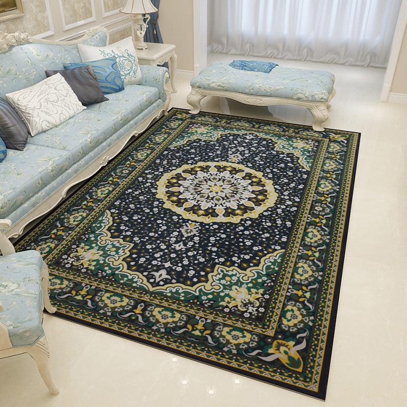 Lisslune | Mediterranean Moroccan Rug in Black and White Medallion Floral Pattern Rug Polyester Washable Rug for Home Decor