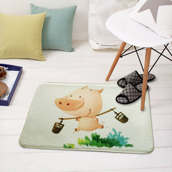 Lisslune | Green and White Children's Room Carpet Kids Animal Peek Hedgehog Pig Fox Pattern Rug Polyester Non-Slip Underlay Carpet
