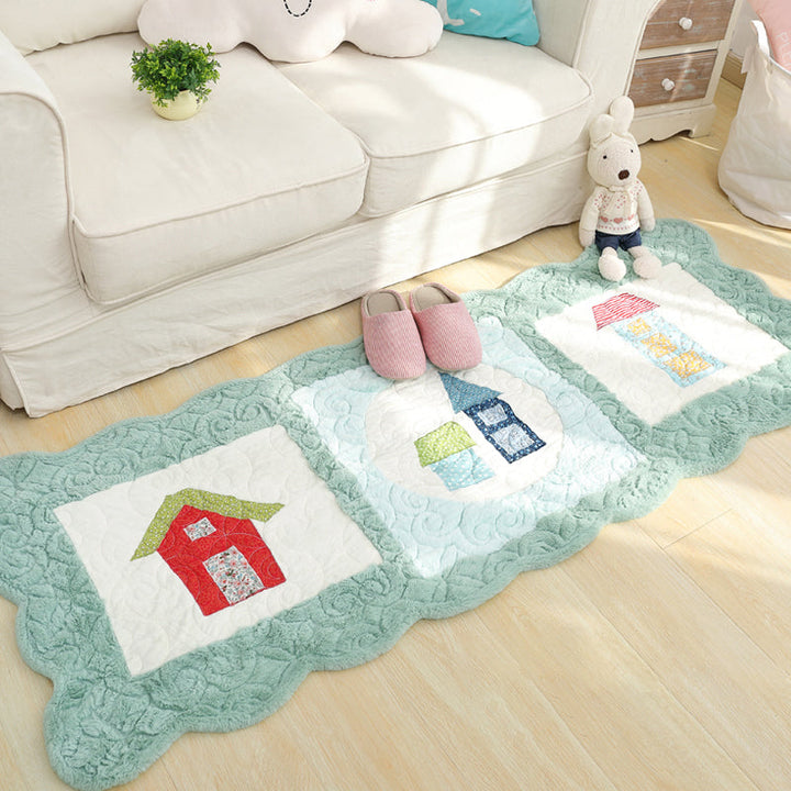 Lisslune | Novelty House Pattern Rug Green and Gray Children's Rug Polyester Washable Pet-Friendly Non-Slip Rug for Children's Room