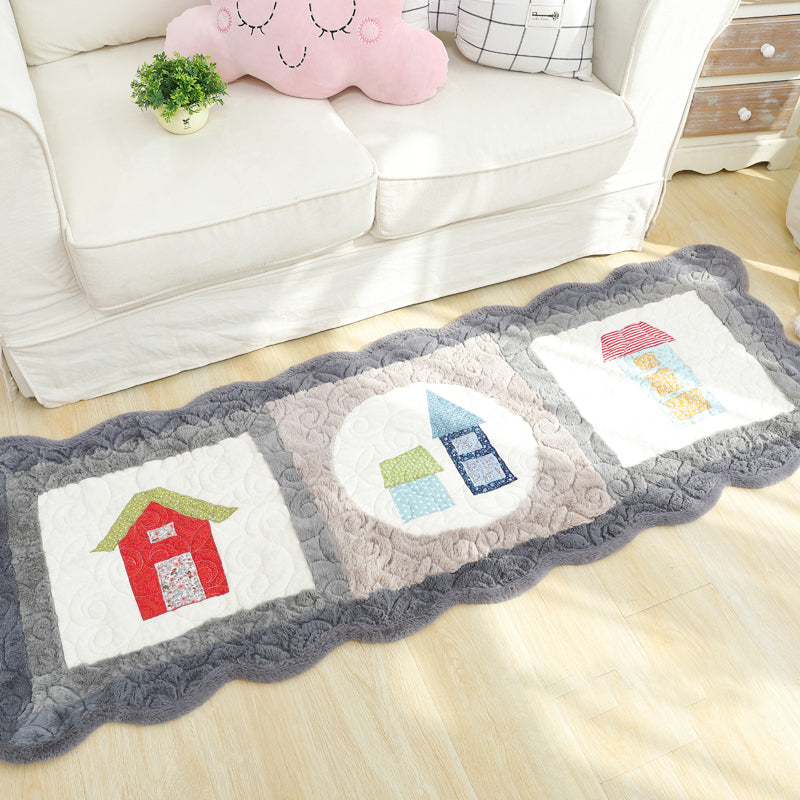 Lisslune | Novelty House Pattern Rug Green and Gray Children's Rug Polyester Washable Pet-Friendly Non-Slip Rug for Children's Room
