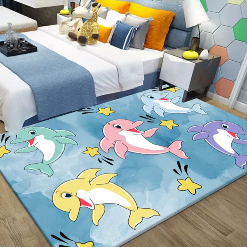 Lisslune | Multicolor Dolphin Pattern Rug with Star Polyester Kids Rug Washable Non-Slip Pet-Friendly Area Rug for Bedroom
