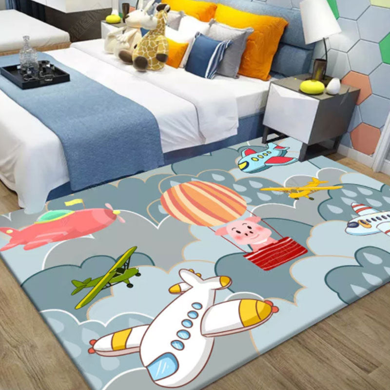 Lisslune | Beautiful blue children's carpet Polyester airplanes and balloon pattern carpet washable pet-friendly non-slip carpet for the children's room