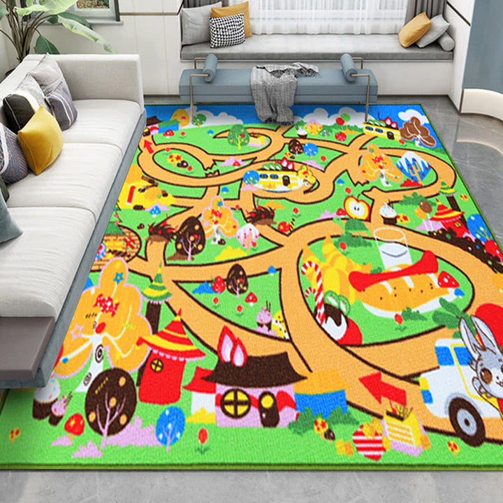 Lisslune | Kids Maze Pattern Rug Green Polyester Rug Non-Slip Pet-Friendly Washable Rug for Kids Room