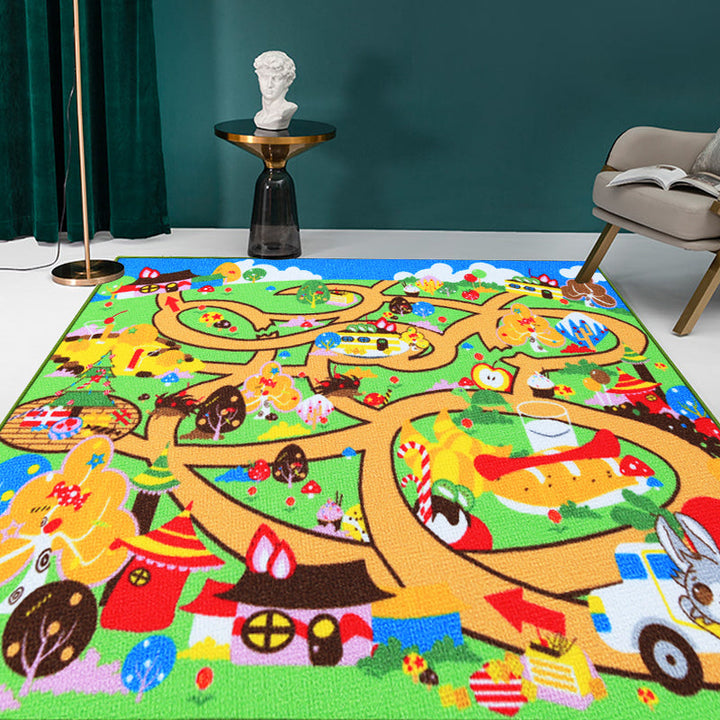 Lisslune | Kids Maze Pattern Rug Green Polyester Rug Non-Slip Pet-Friendly Washable Rug for Kids Room