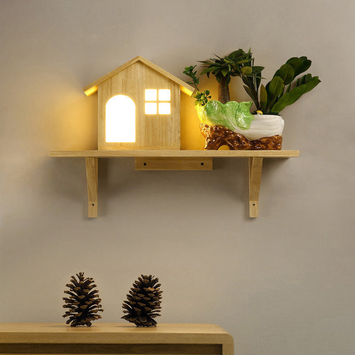 Lisslune | Beige Lodge Wall Lamp Interior Nordic Wood LED Wall Cabinet with Shelf, Warm/White Light