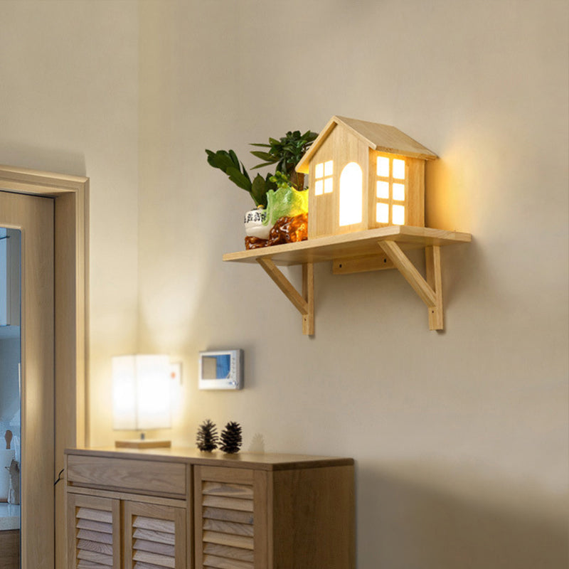 Lisslune | Beige Lodge Wall Lamp Interior Nordic Wood LED Wall Cabinet with Shelf, Warm/White Light