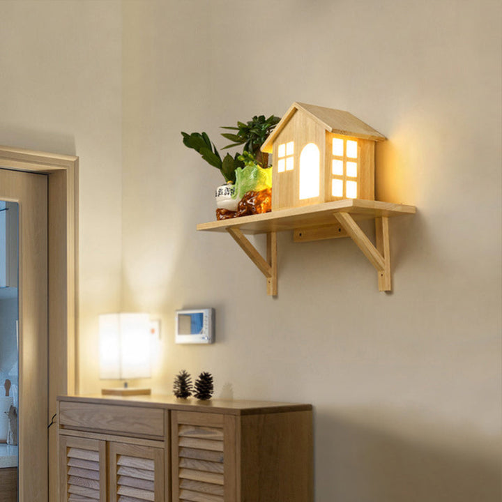 Lisslune | Beige Lodge Wall Lamp Interior Nordic Wood LED Wall Cabinet with Shelf, Warm/White Light