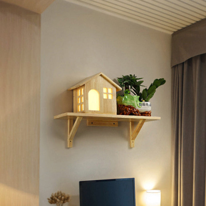 Lisslune | Beige Lodge Wall Lamp Interior Nordic Wood LED Wall Cabinet with Shelf, Warm/White Light