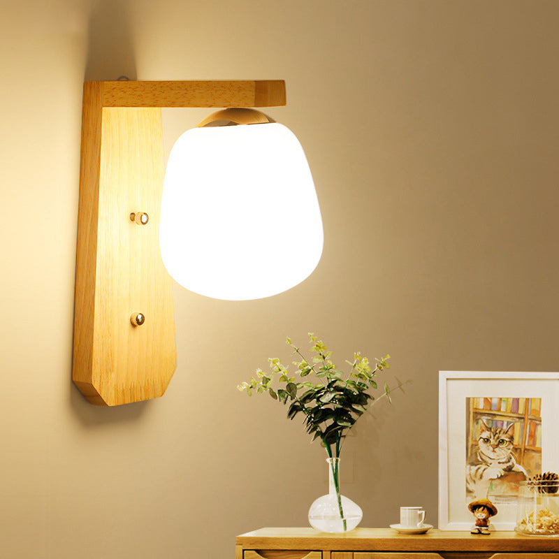 Lisslune | Milk Glass Bud-Shaped Wall Lighting Nordic 1-Bulb Wood Wall Mounted Lamp with Right Angle Arm
