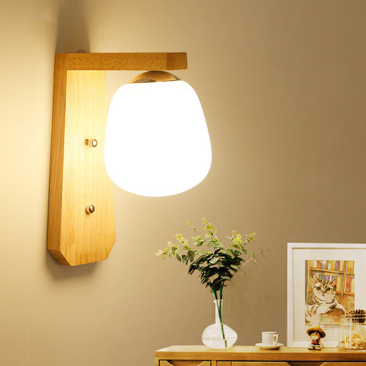 Lisslune | Milk Glass Bud-Shaped Wall Lighting Nordic 1-Bulb Wood Wall Mounted Lamp with Right Angle Arm