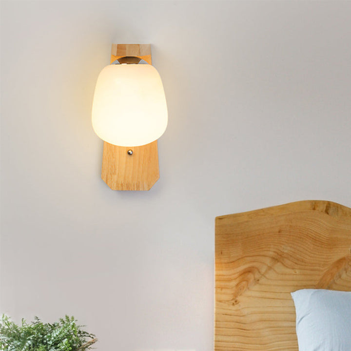 Lisslune | Milk Glass Bud-Shaped Wall Lighting Nordic 1-Bulb Wood Wall Mounted Lamp with Right Angle Arm