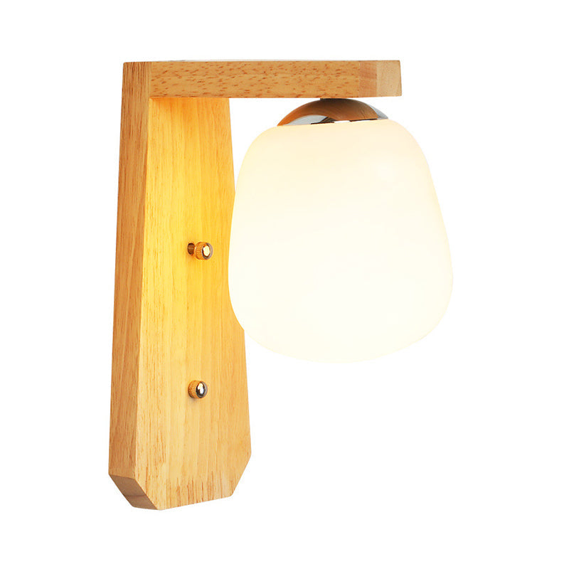 Lisslune | Milk Glass Bud-Shaped Wall Lighting Nordic 1-Bulb Wood Wall Mounted Lamp with Right Angle Arm