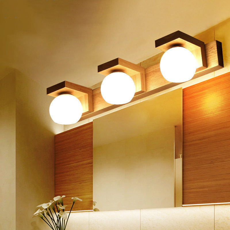 Skørter | Linear Bathroom Wall Lamp Wood 2/3 Heads Nordic Wall Mounted Lamp with Ball Opal Glass Shade