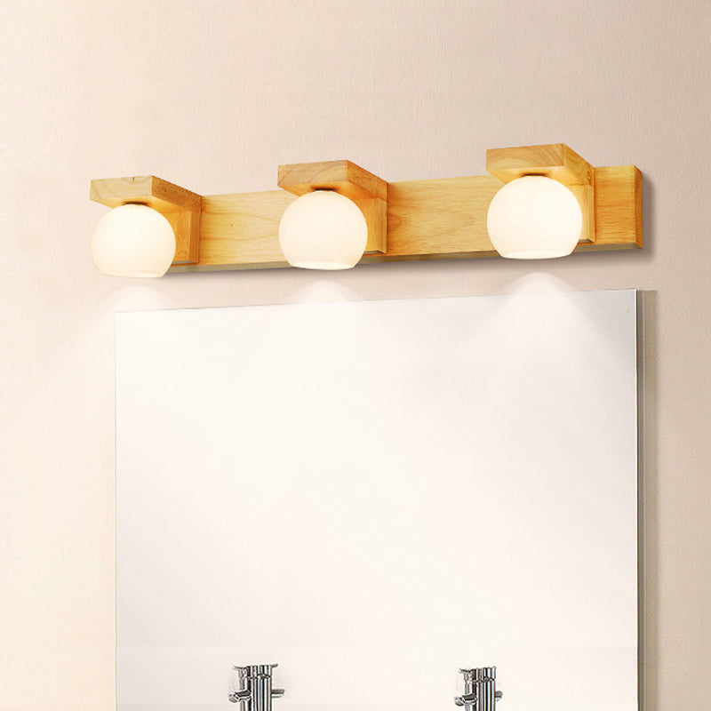 Skørter | Linear Bathroom Wall Lamp Wood 2/3 Heads Nordic Wall Mounted Lamp with Ball Opal Glass Shade