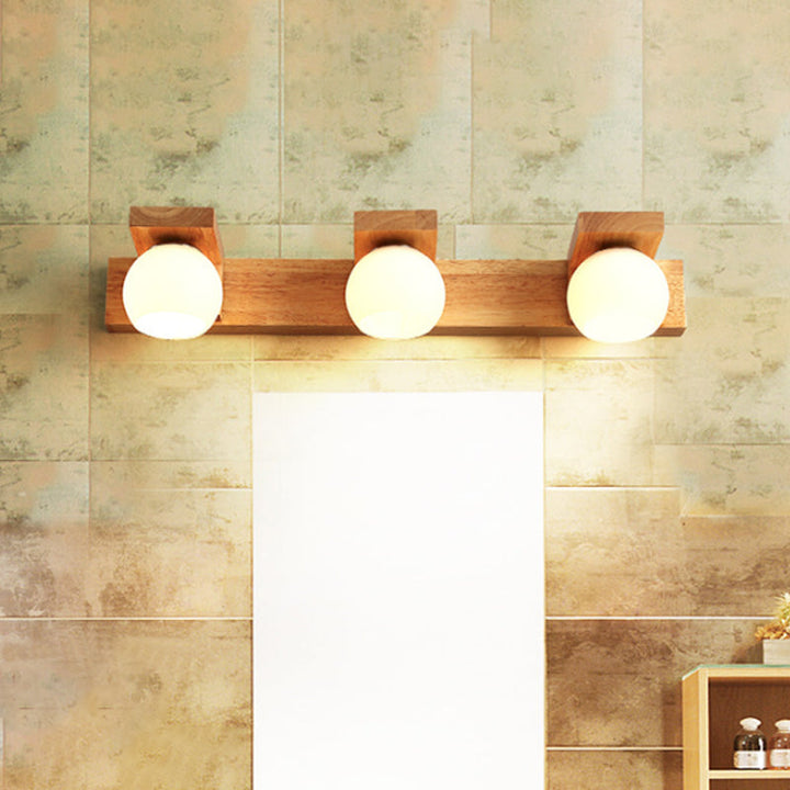 Skørter | Linear Bathroom Wall Lamp Wood 2/3 Heads Nordic Wall Mounted Lamp with Ball Opal Glass Shade