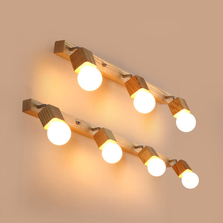 Lisslune | Wood Bare Bulb Design Vanity Lamp Nordic 2/4/5 Bulbs Beige Adjustable Wall Mount Light Fixture