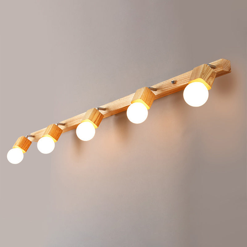 Lisslune | Wood Bare Bulb Design Vanity Lamp Nordic 2/4/5 Bulbs Beige Adjustable Wall Mount Light Fixture