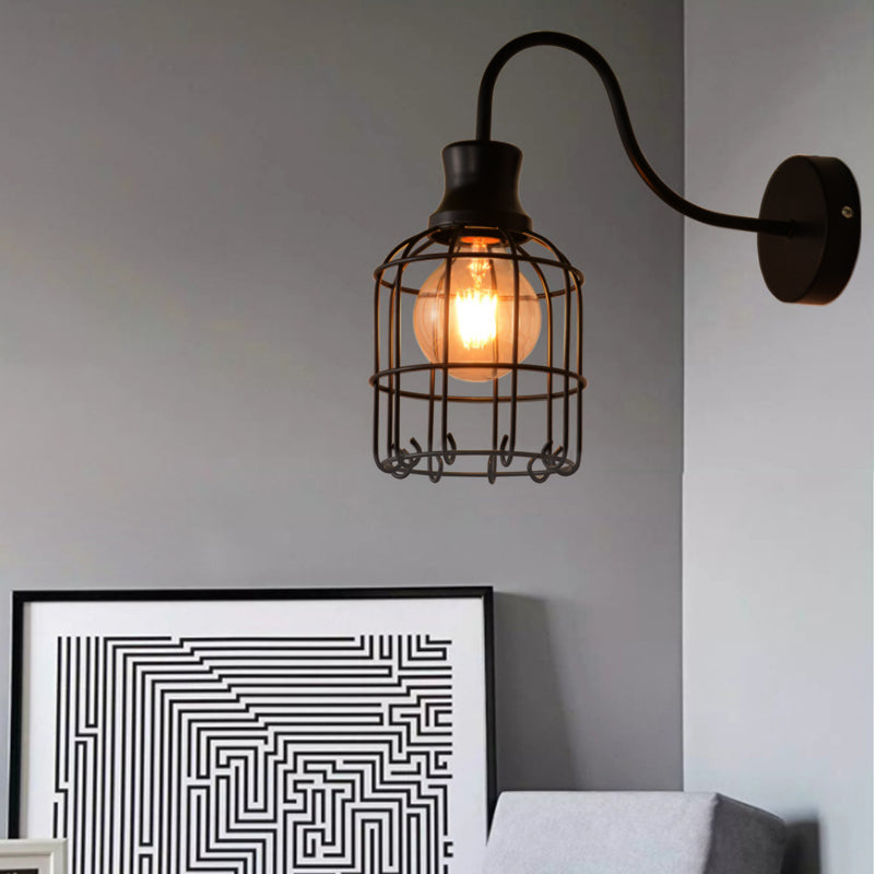 Lisslune | Metal Birdcage Wall Mount Lighting with Gooseneck Arm Vintage 1 Main Wall Lamp Sconces in Black