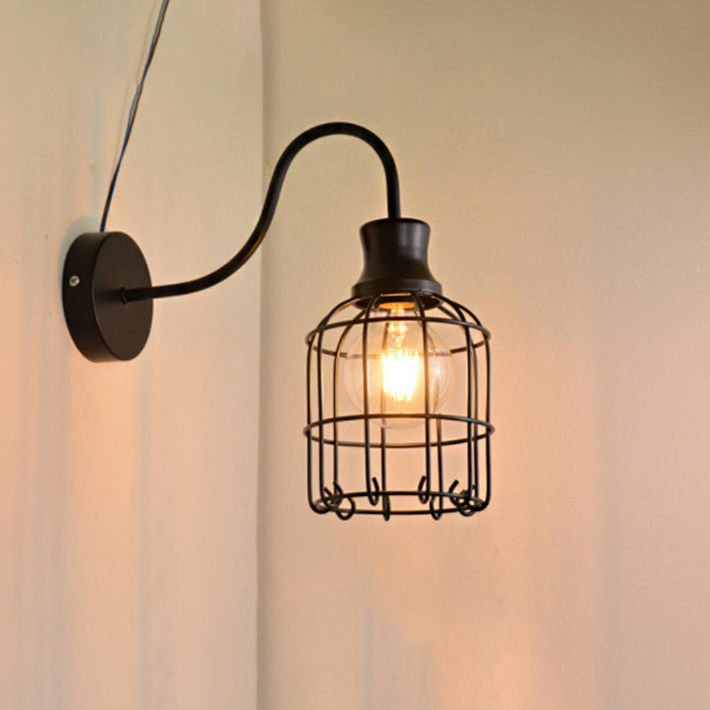 Lisslune | Metal Birdcage Wall Mount Lighting with Gooseneck Arm Vintage 1 Main Wall Lamp Sconces in Black