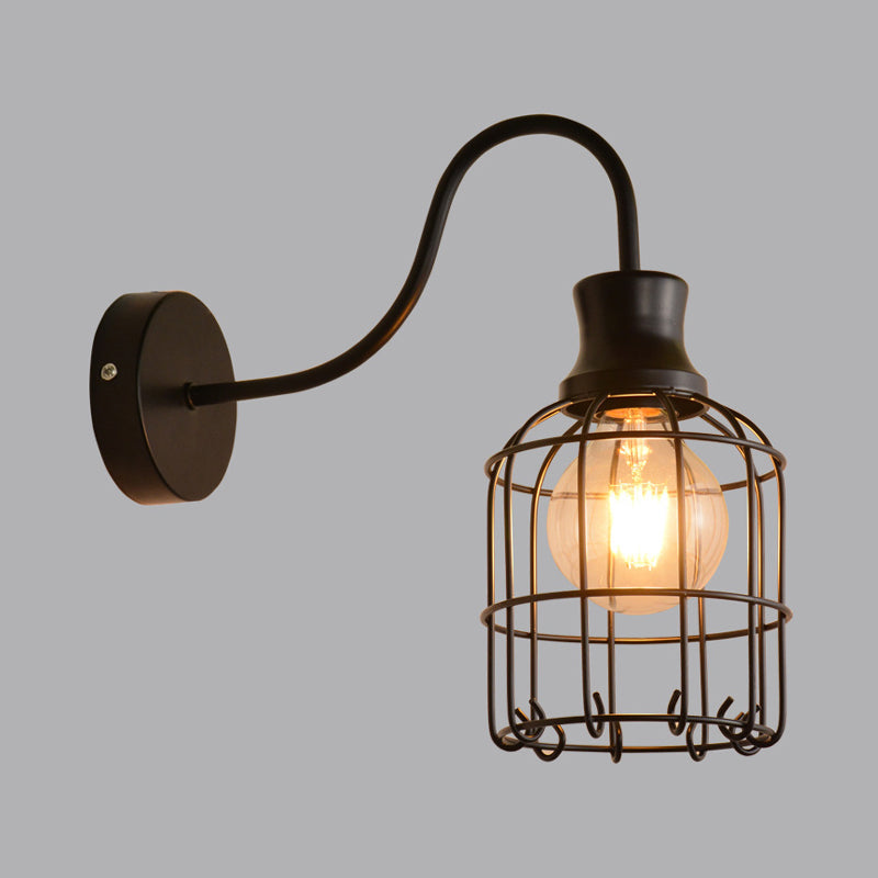 Lisslune | Metal Birdcage Wall Mount Lighting with Gooseneck Arm Vintage 1 Main Wall Lamp Sconces in Black