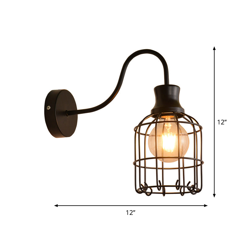 Lisslune | Metal Birdcage Wall Mount Lighting with Gooseneck Arm Vintage 1 Main Wall Lamp Sconces in Black