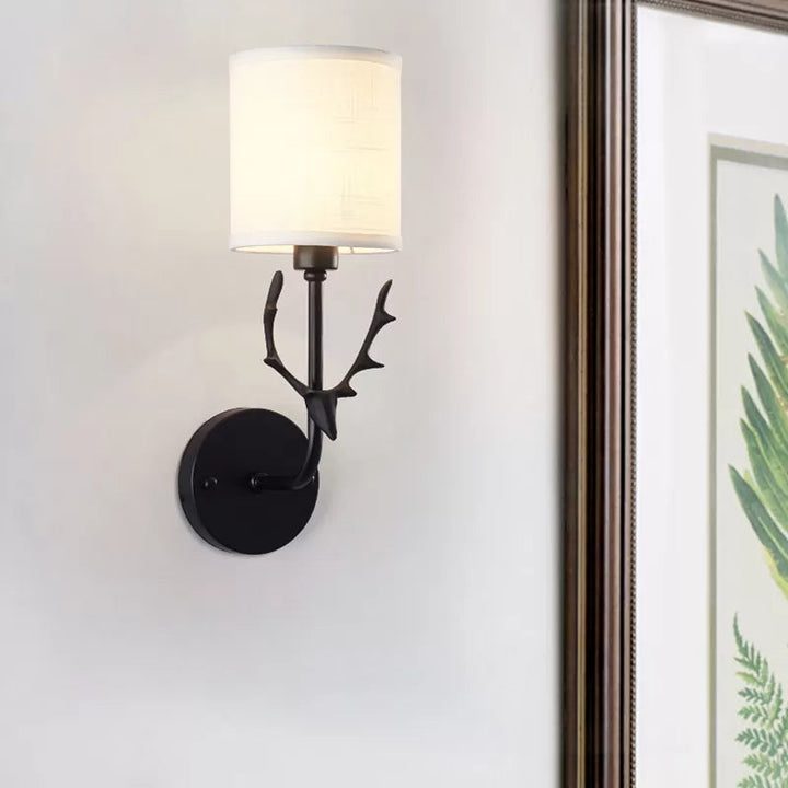 Skørter | Cylinder Shade Wall Light with Black Deer 1 Light Rustic Metal Wall Lamp for Balcony