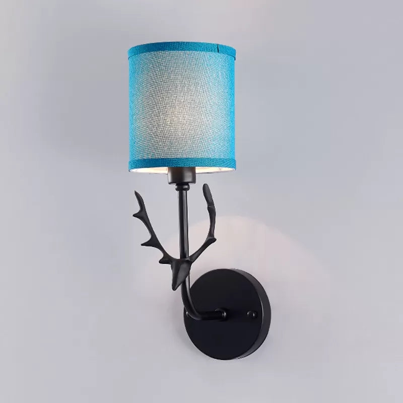 Skørter | Cylinder Shade Wall Light with Black Deer 1 Light Rustic Metal Wall Lamp for Balcony